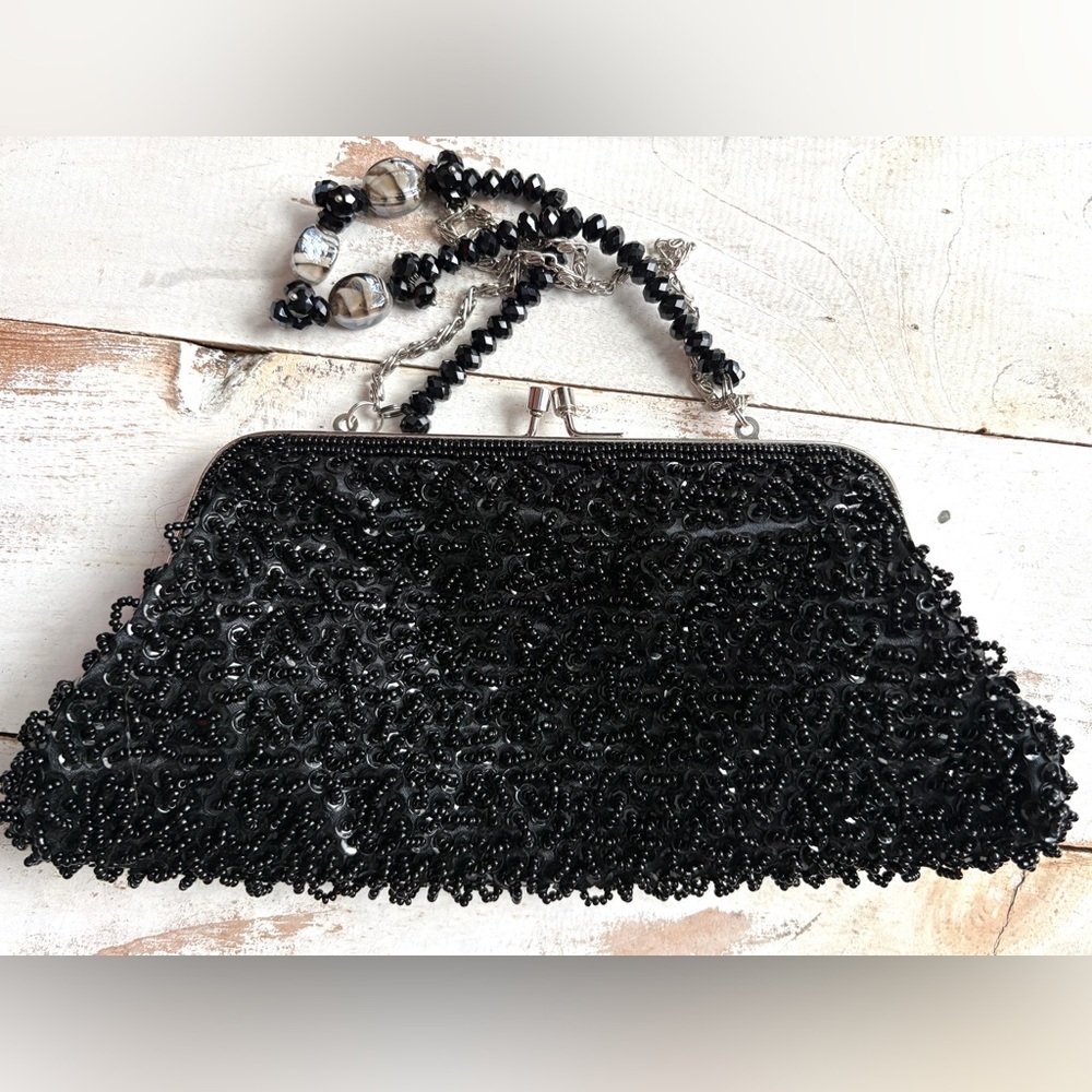MONI COUTURE beaded evening bag formal vintage black purse clutch unique party